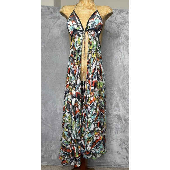 Nicholson Top Womens 10 Silk Bird Print Front Tie Triangle Halter Boho Whimsey - Picture 1 of 10
